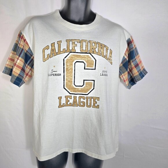 Mens Forever 21 Top T Shirt Sz S Short Sleeve Plaid Collegiate Sporty California - Picture 1 of 5